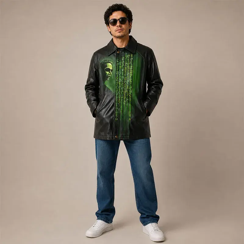 Chaqueta larga de piel con influencia cyberpunk y diseño exclusivo pintado a mano al frente por Trece31.