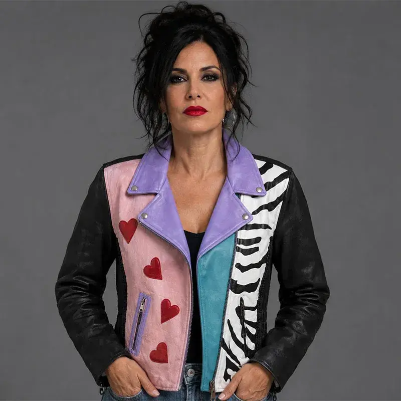 Chaqueta de cuero negra vista delantera, pieza única con solapas lila, solapa derecha rosa con corazones rojos y solapa izquierda con estampado de cebra