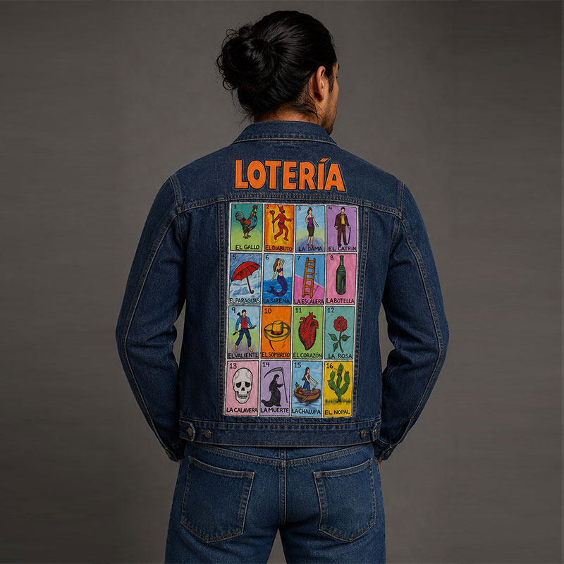 Chamarra de mezclilla pintada a mano con diseño de cartas del tradicional juego mexicano de lotería en la espalda.
