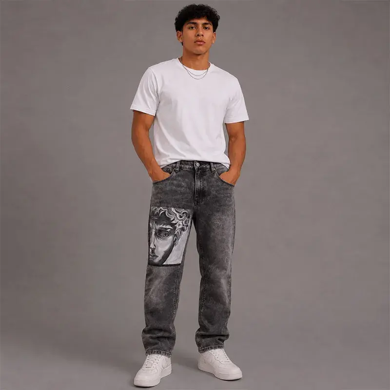 Jeans grises con retrato de escultura clásica pintado a mano, modelo Neo-David de Trece31.