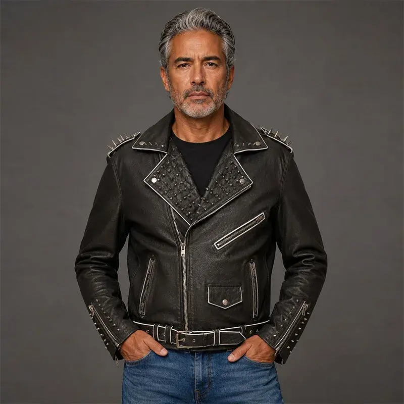 Vista frontal de chamarra de cuero estilo biker negra con bordes delineados en blanco y tachuelas metálicas en hombreras, solapas y puños