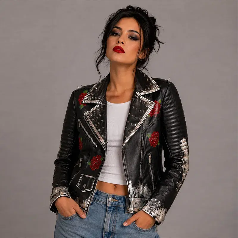 Chamarra de piel con estoperoles en cuello y hombros, pintada a mano combinando estilo romántico y rebelde