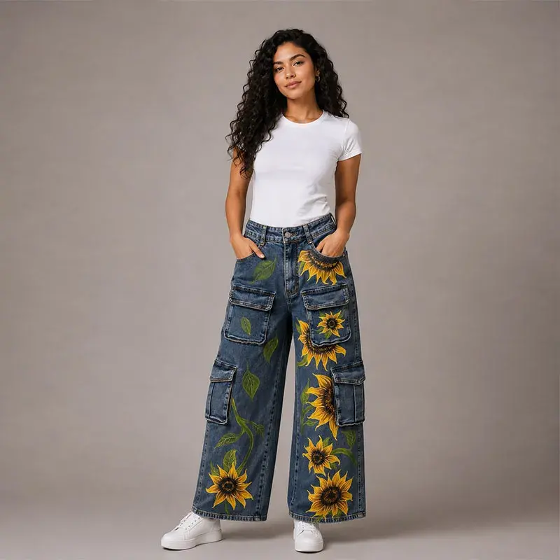 Vista delantera de pantalón denim estilo cargo con múltiples bolsas y coloridas ilustraciones artesanales de girasoles