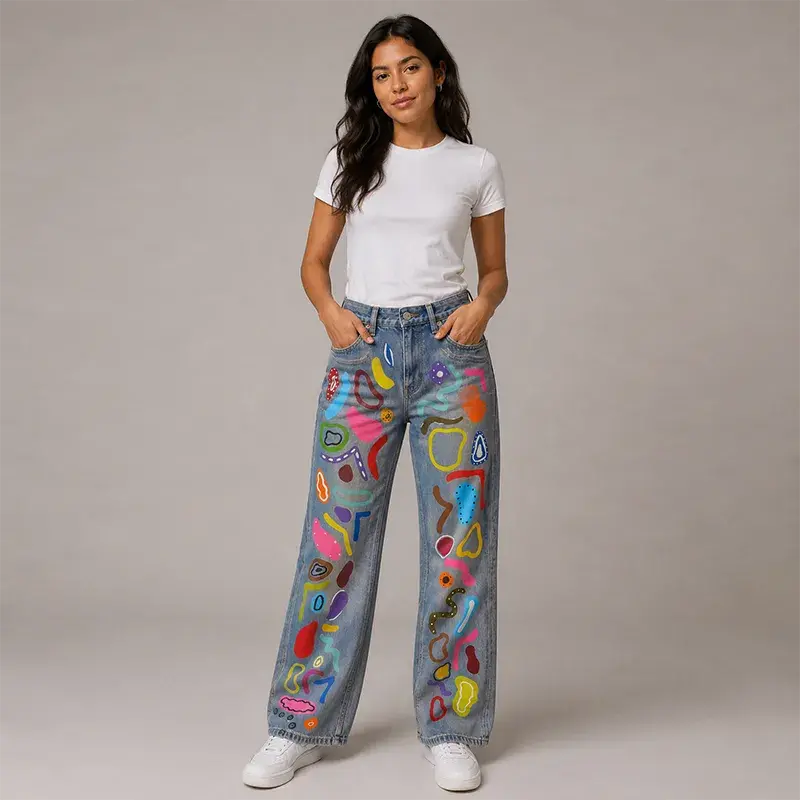 Pantalón denim de pierna ancha con diseño artístico único de formas orgánicas coloridas y vibrantes pintadas a mano