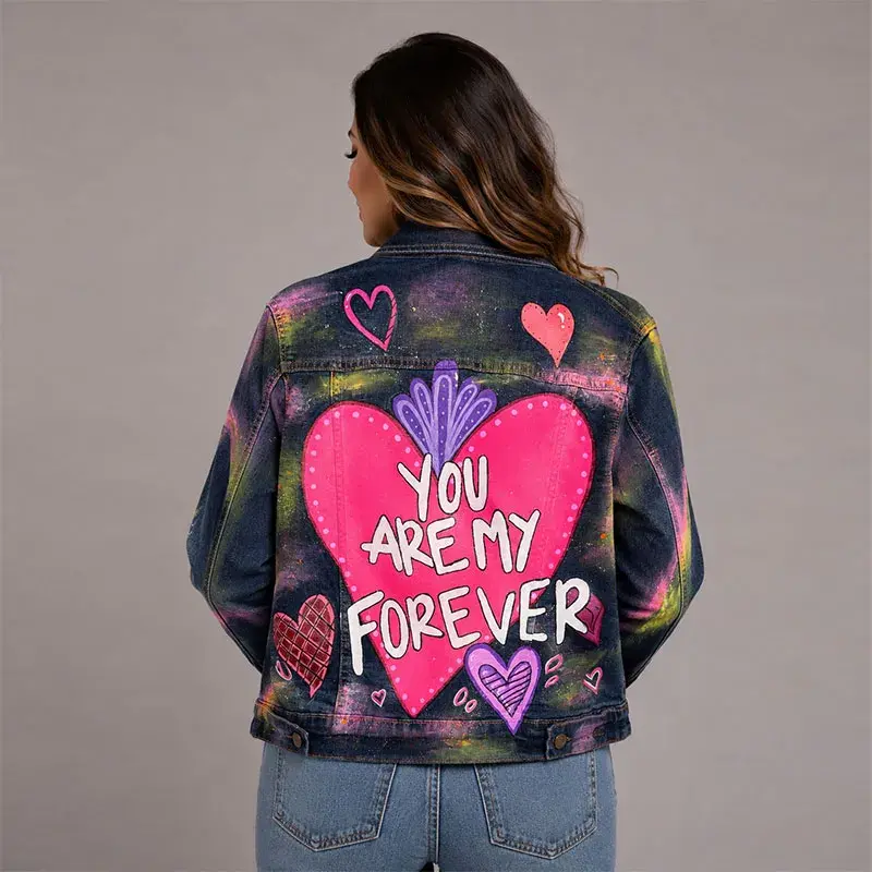 Chaqueta de mezclilla única con diseño artístico en la espalda, destacando un gran corazón fucsia y arte pop