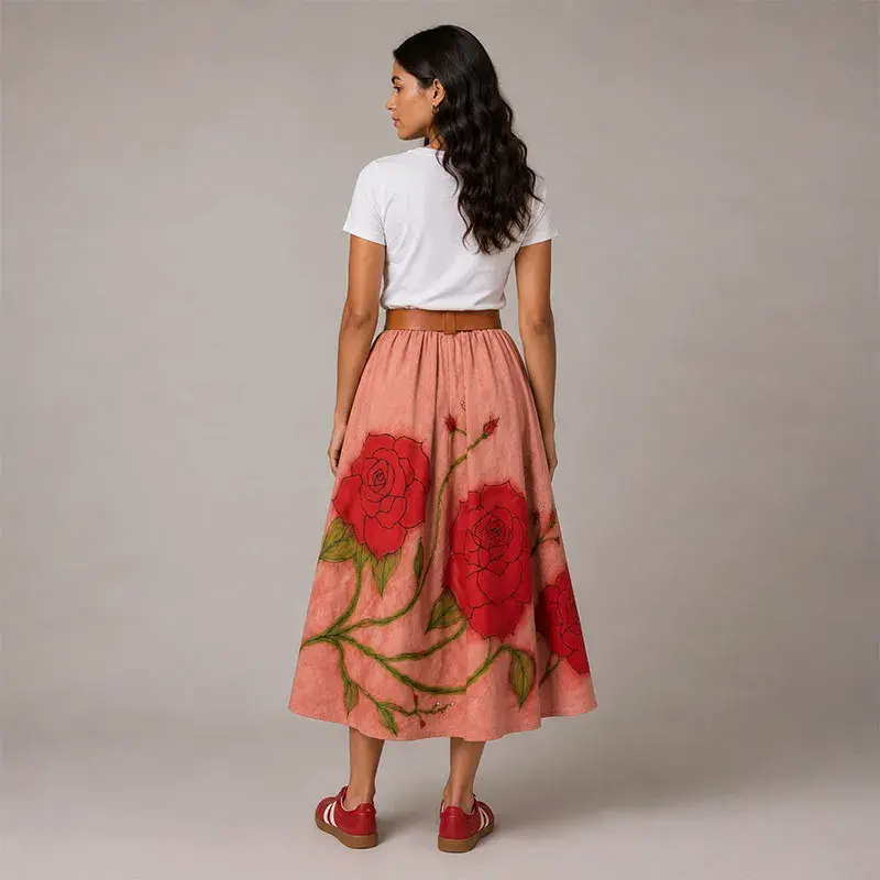 Falda larga de gamuza vista posterior, pieza única de arte portable con continuación de estampado floral mexicano