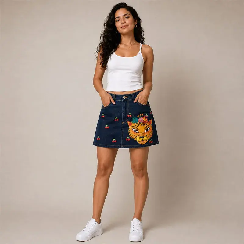 Short falda de mezclilla con diseño de jaguar estilo mexicano, pintado a mano - Arte portable Trece31