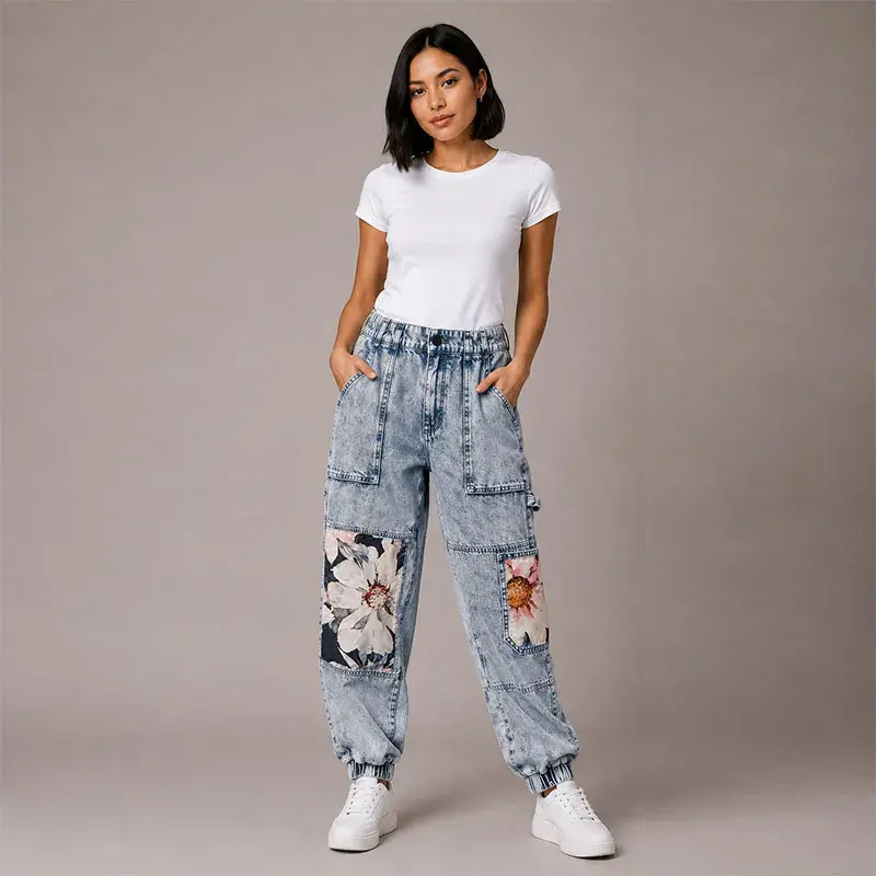 Pantalón de mezclilla estilo jogger ajustado al tobillo con parches de tela con estampado de flores al frente